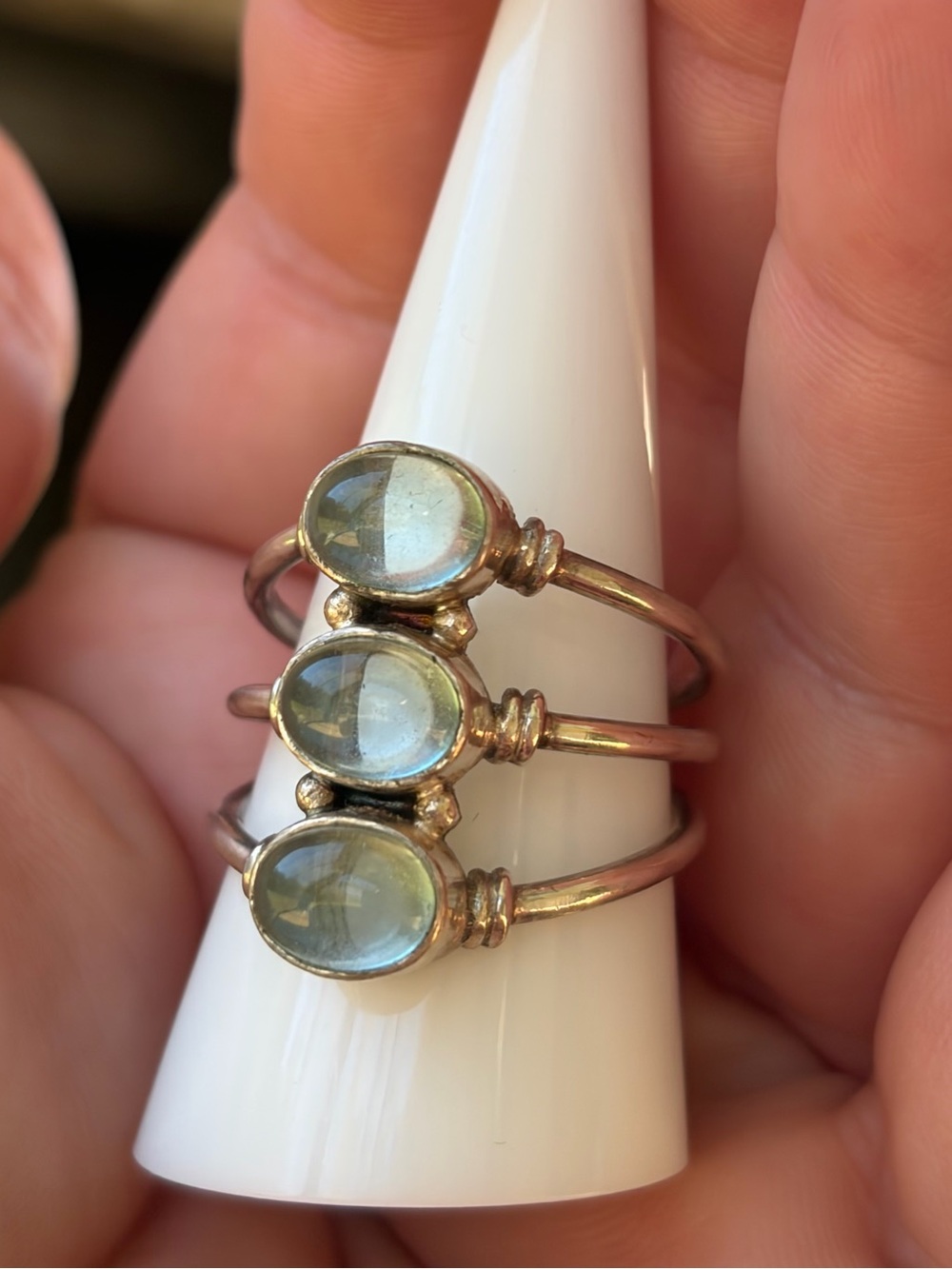 Hand Crafted Aquamarine Triple Stone Stacking Ring on Sterling Silver Band